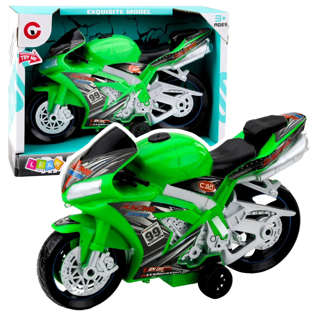 Žalias lenktyninis žaislinis motociklas su šviesomis